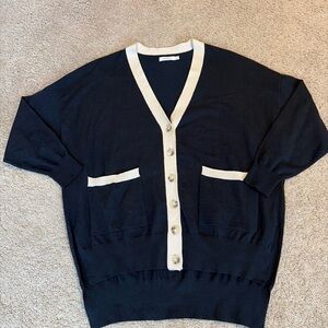 Mersea The Anywhere Cardigan Sweater Navy Blue Beige Button Down One Size